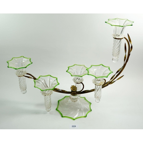 209 - A Victorian green and clear glass and gilt metal asymmetrical epergne with five flutes, 39cm high