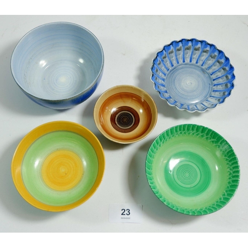 23 - A selection of five Shelley Art Deco small Harmony Ware bowls, largest, 11cm diameter