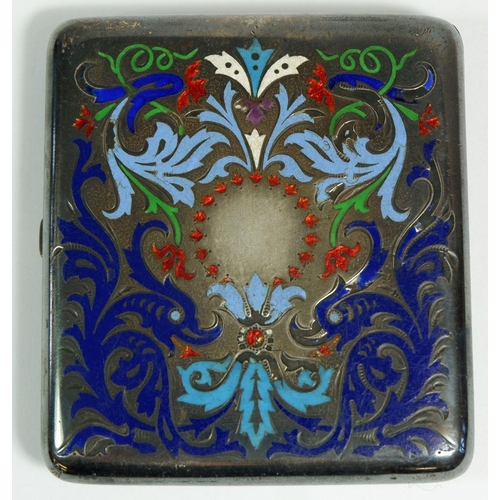 248 - A Russian 84 standard silver cigarette case with enamel scrollwork and stylised foliage decoration b... 