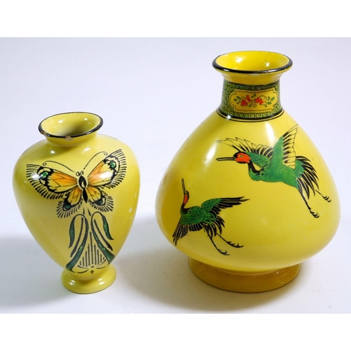 27 - Two Shelley Intarsio vases with a yellow ground, one restored and one with chip