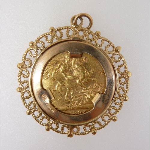 295 - A gold sovereign 1893 in 9 carat gold mount