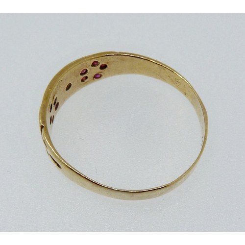 361 - A Victorian gold ring set garnets in a floral design (unmarked), Size S-T