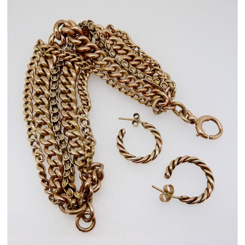 380 - A wide bracelet made from gold Albert chains and pair of matching earrings, bracelet 58g and earring... 