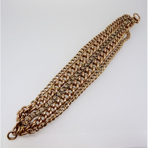 380 - A wide bracelet made from gold Albert chains and pair of matching earrings, bracelet 58g and earring... 