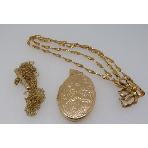 382 - A 9 carat gold locket, 4.6g, 3.1cm, a 9 carat gold spiral link necklace, 5.6g and two other gold cha... 