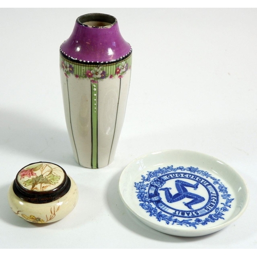 50 - An Edwardian porcelain vase, a French pill box and a George Jones Isle of Man pin dish