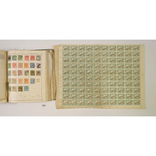 594 - All World: Green album & 2 envelopes of sheets/part sheets & blocks/singles. Album mostly early 20th... 