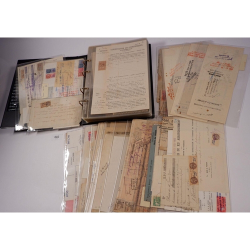 602 - France: Accumulation of 120+ docs, most with fiscal stamps, in black, boxed, WWF ring binder. Bills,... 