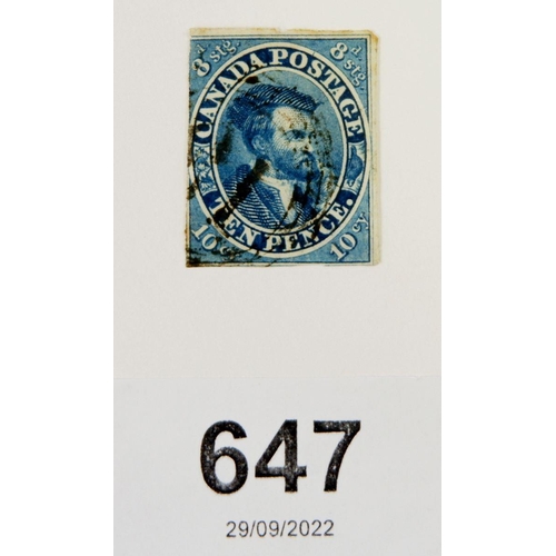 647 - Canada: Used 1857 'Jacques Cartier' 10d Blue to Deep Blue, imperf, SG20, Cat £2,250.