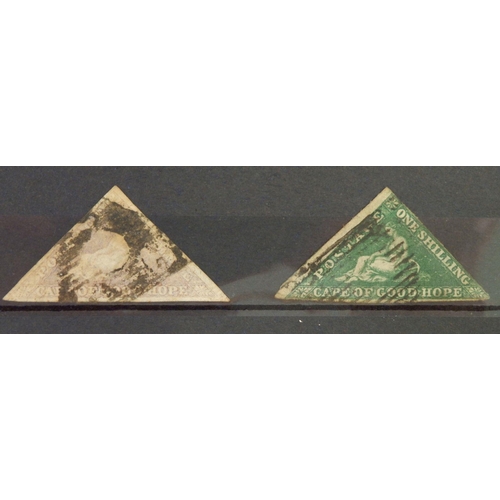 649 - Cape of Good Hope: Used 6d pale rose-lilac triangular, SG7, cat £350, and 1/- deep dark green triang... 