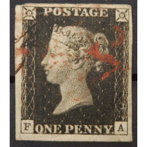 669 - GB: 1d Black 'FA', 4 margin, red MC with 'O'flaw stage II. Although marked VII (Plate 7) on the back... 