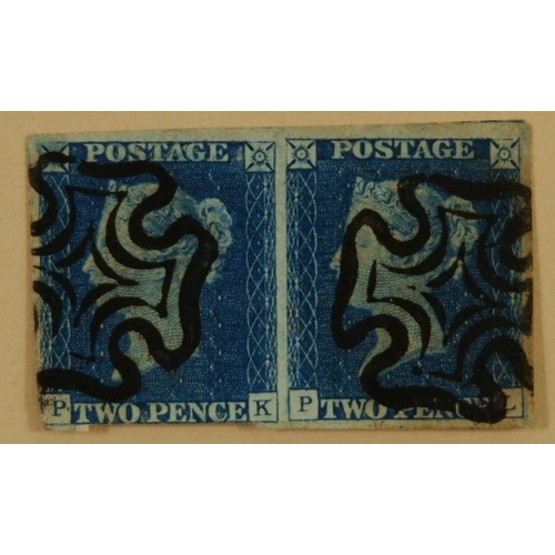 671 - GB: Pair of used 2d Blue 'PK' & 'PL' imperf, LE, 3 to 4 margin, clear black MC, SG5, Cat £1950.