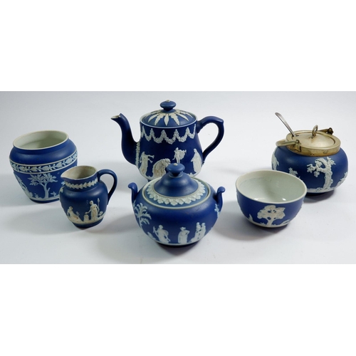 7 - A Wedgwood early 20th century Jasperware tea service comprising: teapot, covered sugar, sugar, milk ... 