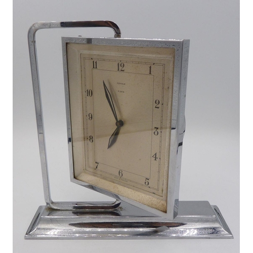 795 - A Perival Art Deco chrome clock suspended on angular stand, 17cm