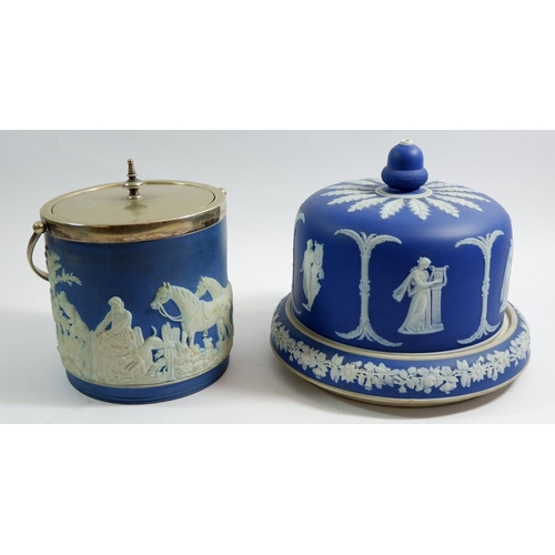 8 - A Wedgwood Jasperware biscuit barrel, and a Wedgwood style small cheese stand