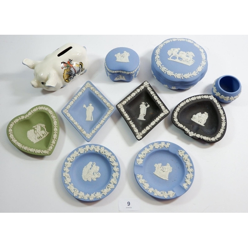 9 - A group of Wedgwood Jasperware and a Thelwell pig money box