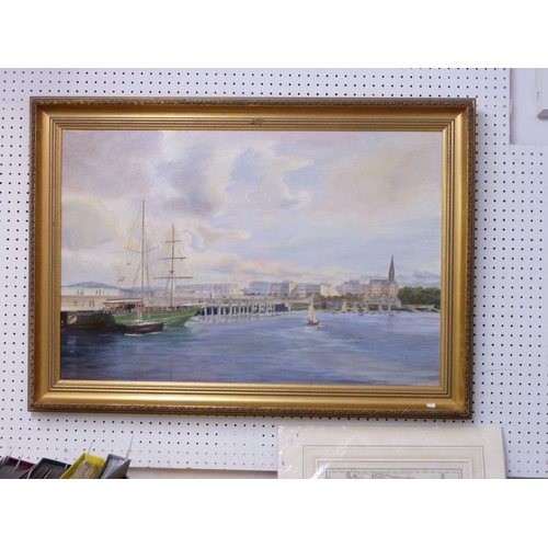 945 - C D Thackaberry - A contemporary oil on canvas depicting a coastal town scene with ships, 49.5 x 75c... 