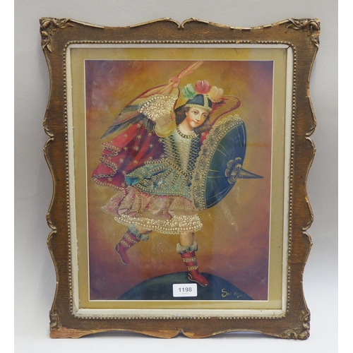 1198 - A Cusco school oil and mixed media painting on canvas of Saint Michael, 38 x 28cm