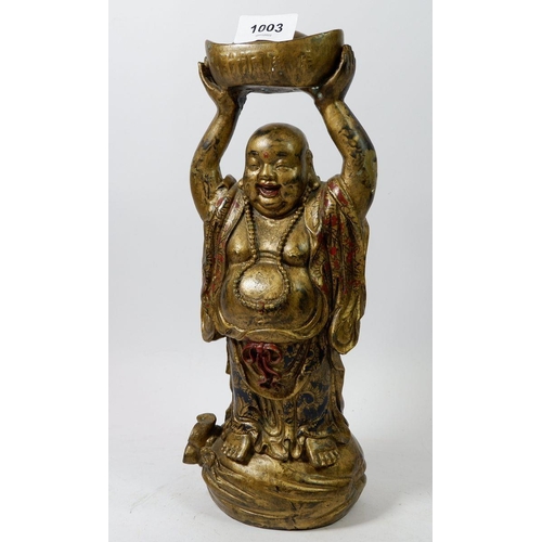 1003 - A Chinese painted metal Buddha holding basket aloft, 30.5cm