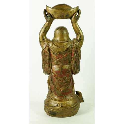 1003 - A Chinese painted metal Buddha holding basket aloft, 30.5cm