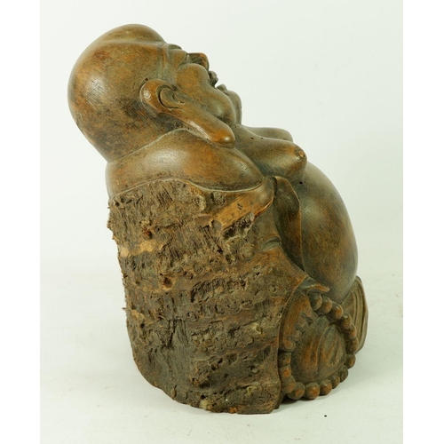 1004 - An early 20th century bamboo root carving of laughing Budha, 18cm tall