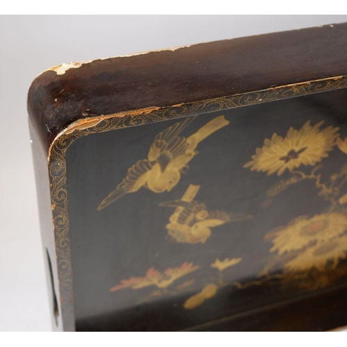 1006 - A black and gilt large Japanese lacquer tray painted birds and flowers, 67 x 40cm