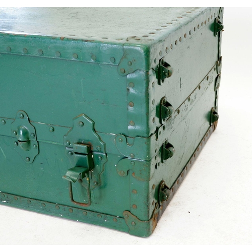 1026 - An antique green painted metal bound trunk