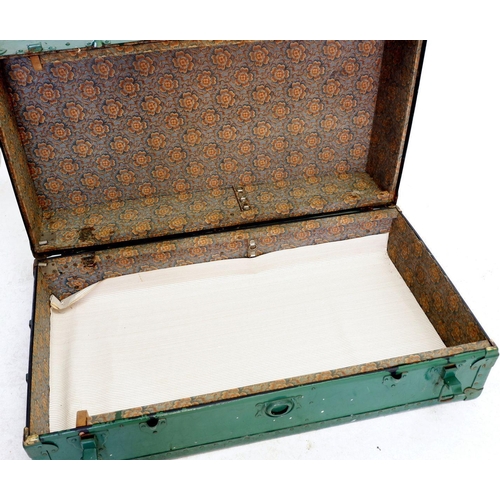 1026 - An antique green painted metal bound trunk