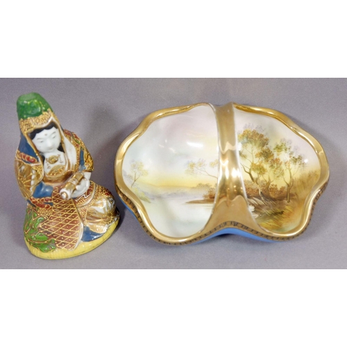 103 - An oriental bisque nodding head figure, a Japanese satsuma figure and a Noritake dish