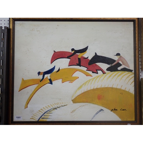 1085 - Mickel Laen - acrylic copy on canvas of an Art Deco steeplechase painting by Sybil Andrews 50 x 60cm