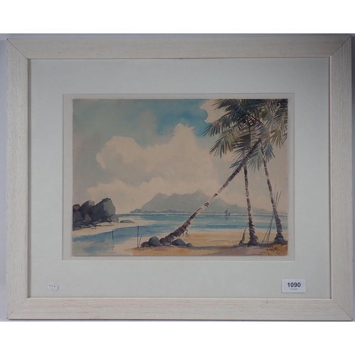 1090 - S Salotty - watercolour beach scene 'Kedah Peak' from Penang, 25 x 35cm