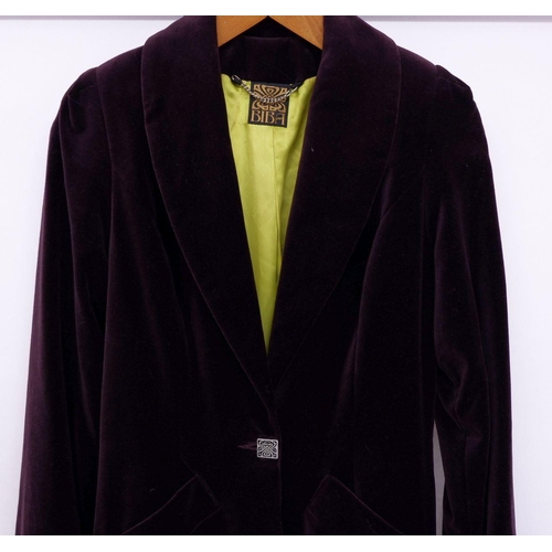 1127 - A Biba purple velvet full length evening coat, size 8 with lime green lining