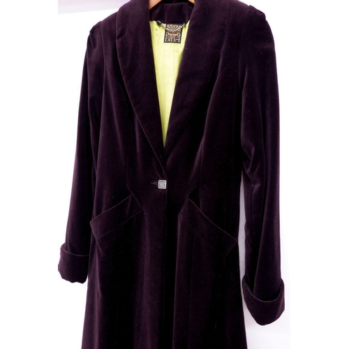 1127 - A Biba purple velvet full length evening coat, size 8 with lime green lining