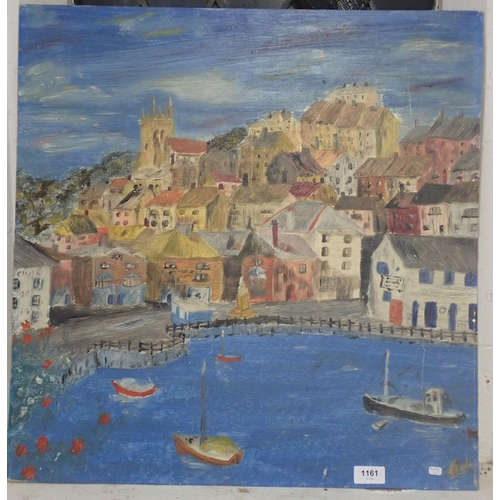 1161 - Jack Edwards - naive oil on board seaside scene, possible St Ives, 60 x 59cm