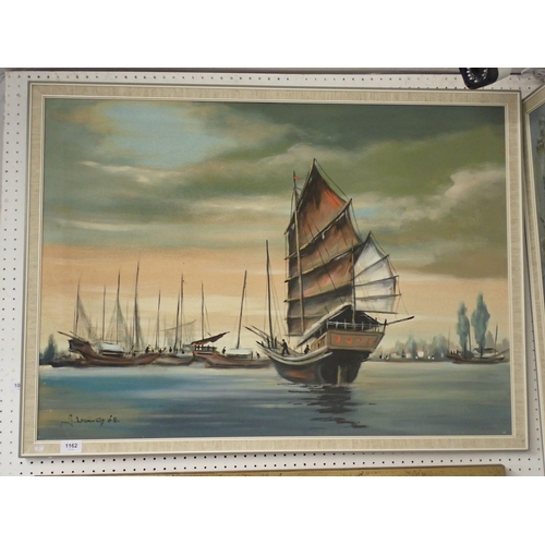 1162 - Two retro Chinese oil paintings - one signed, 90 x 64cm