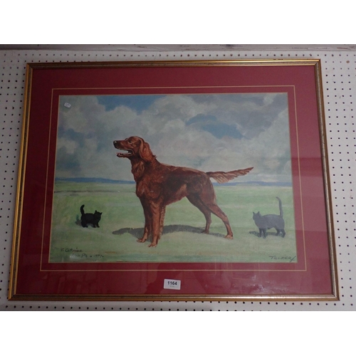 1164 - W M Walker Telfer - oil under glass - red setter and two black cats 'To Catrina.... ', 42 x 58cm