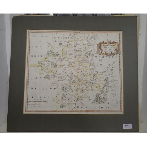 1167 - Robert Morden (c.1650-1703) - A hand-coloured engraved map of the county of Worcestershire, sold by ... 