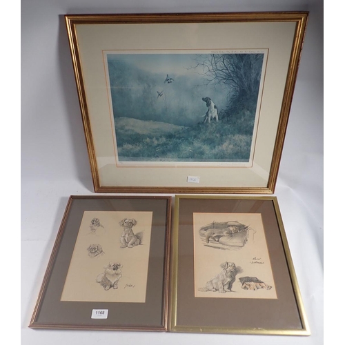 1168 - Two framed prints of sketched Pekinese and Chow and a hunting print, 27 x 21cm