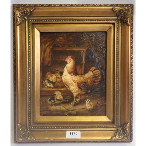 1170 - An oil on panel chicken and chicks, 24 x 19cm