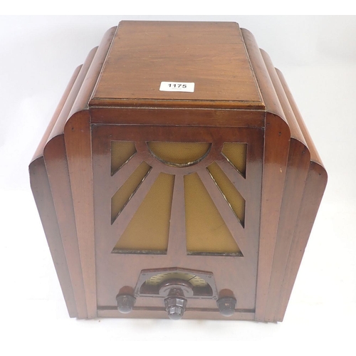 1175 - A Consoldiated Radio in walnut case with sunray design, 36.5 x 44.5cm x 24cm deep