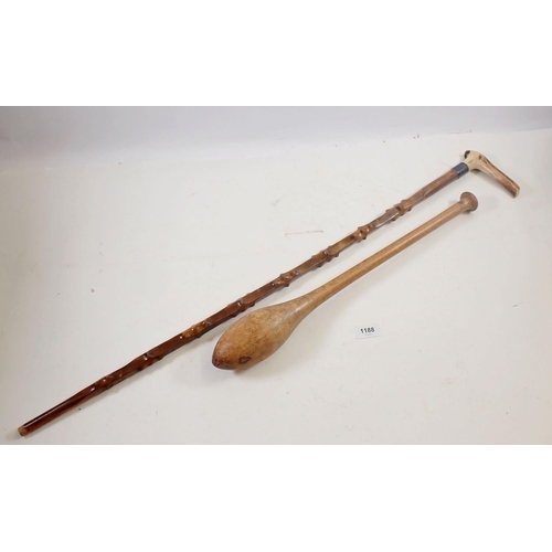 1188 - A horn handled walking stick and a Victorian turned wood juggling club