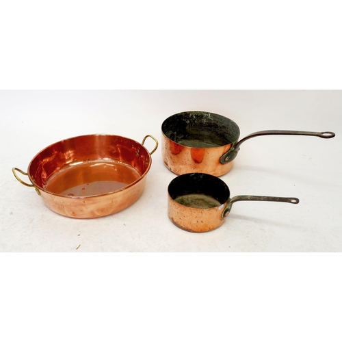 1200 - A copper two handled preserving pan and two saucepans