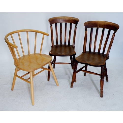 1223 - Two elm seated farmhouse chairs and a light wood stick back kitchen chair