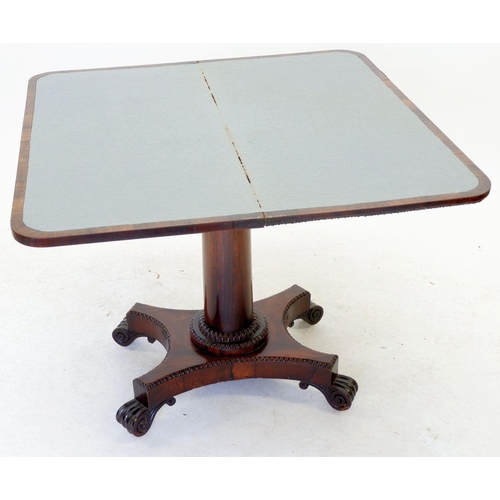 1242 - An early 19th century rosewood fold top card table with tapered colum and platform base