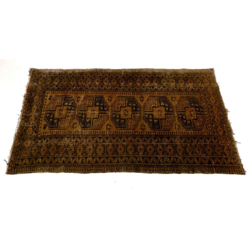 1244 - An antique Turkoman rug with large guls on a brown ground, 198 x 112 cm