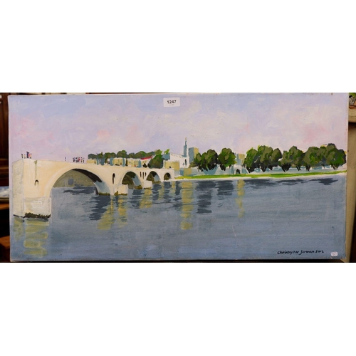 1247 - Christopher Jarman - acrylic on canvas - bridge over river 'Sur Le Pont' D'Avignon, 39 x 81cm