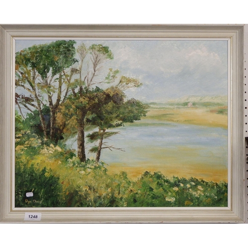 1248 - Wyn Clacy - oil on canvas coastal scene with trees, 39 x 49cm