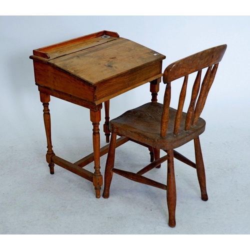 1257 - A childs pine small desk and a slat back chair