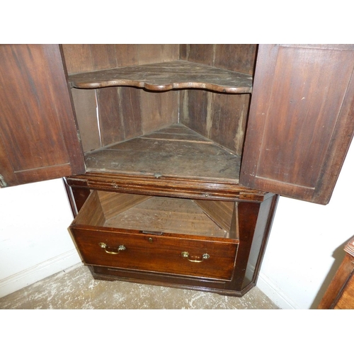 1262 - A Georgian large mahogany corner cupboard with panelled doors enclosing shelves over pull out slide ... 