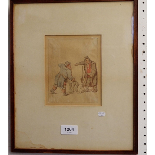 1264 - A watercolour after Rowlandson of two men and a cow, 15 x 11cm